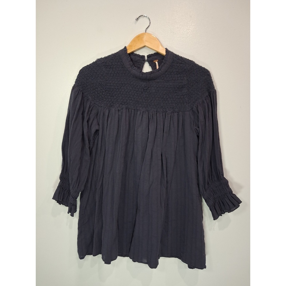 Free People Navy Blue Smocked Yoke Tunic Blouse Long Sleeve Cotton Top Small